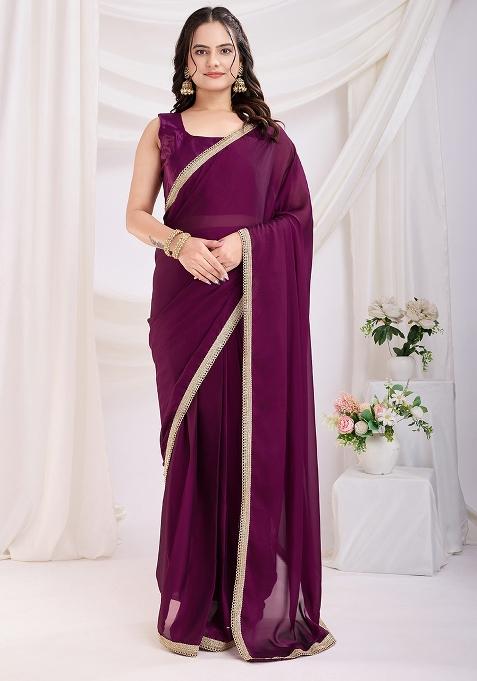 Purple Printed Art Silk Saree Set