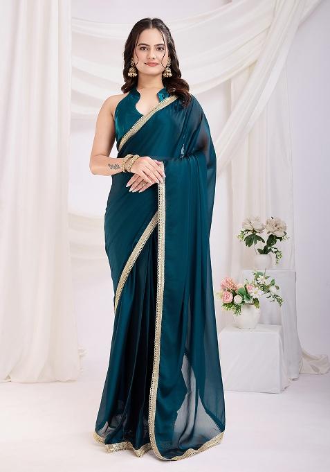 Teal Blue Printed Art Silk Saree Set