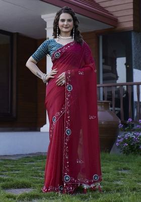 Maroon Embroidered Chiffon Saree Set