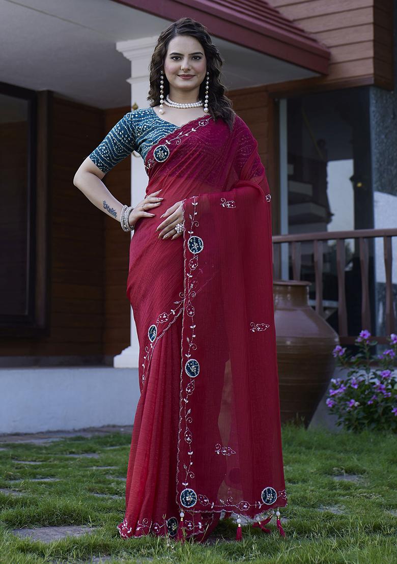 Maroon Embroidered Chiffon Saree Set