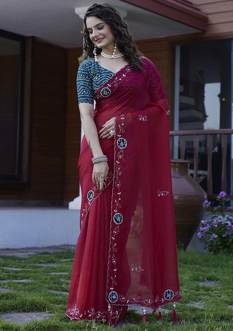 Maroon Embroidered Chiffon Saree Set