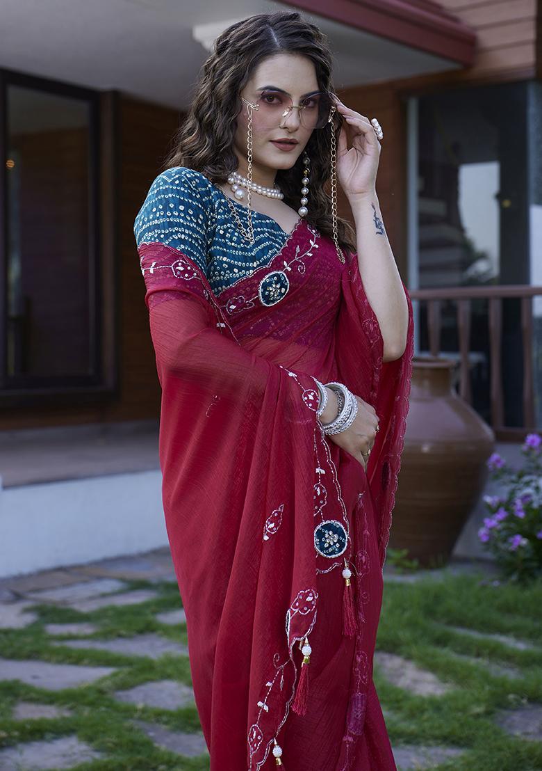 Maroon Embroidered Chiffon Saree Set