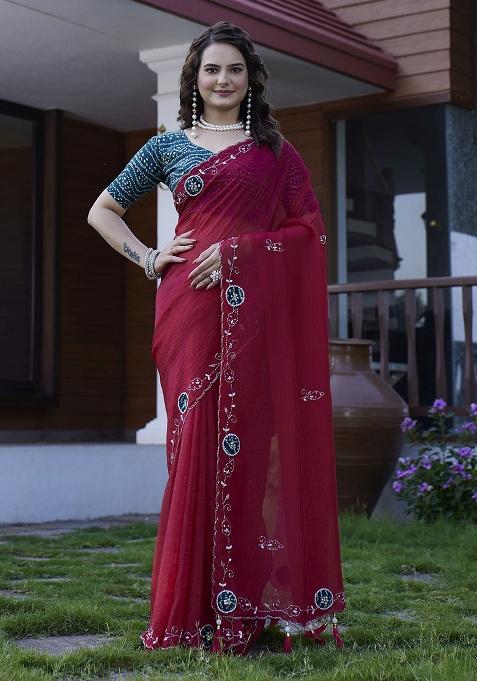 Maroon Embroidered Chiffon Saree Set