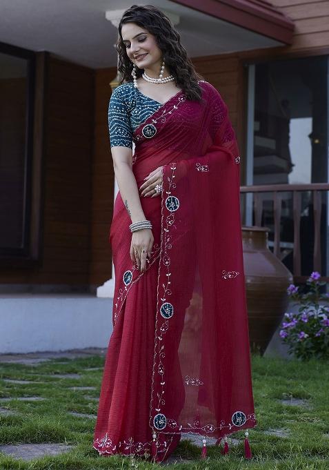 Maroon Embroidered Chiffon Saree Set