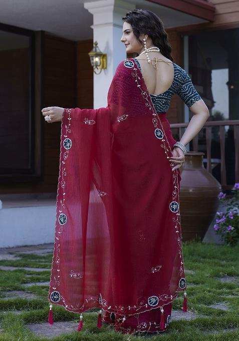 Maroon Embroidered Chiffon Saree Set