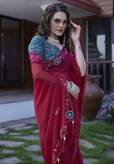 Maroon Embroidered Chiffon Saree Set