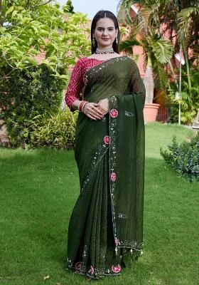 Green Embroidered Chiffon Saree Set