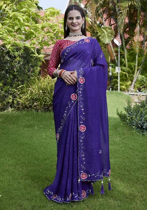 Voilet Embroidered Chiffon Saree Set