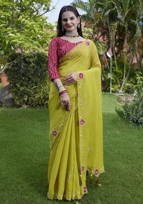 Lemon Yellow Embroidered Chiffon Saree Set
