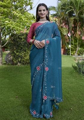 Teal Blue Embroidered Chiffon Saree Set