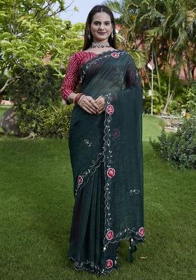 Green Embroidered Chiffon Saree Set