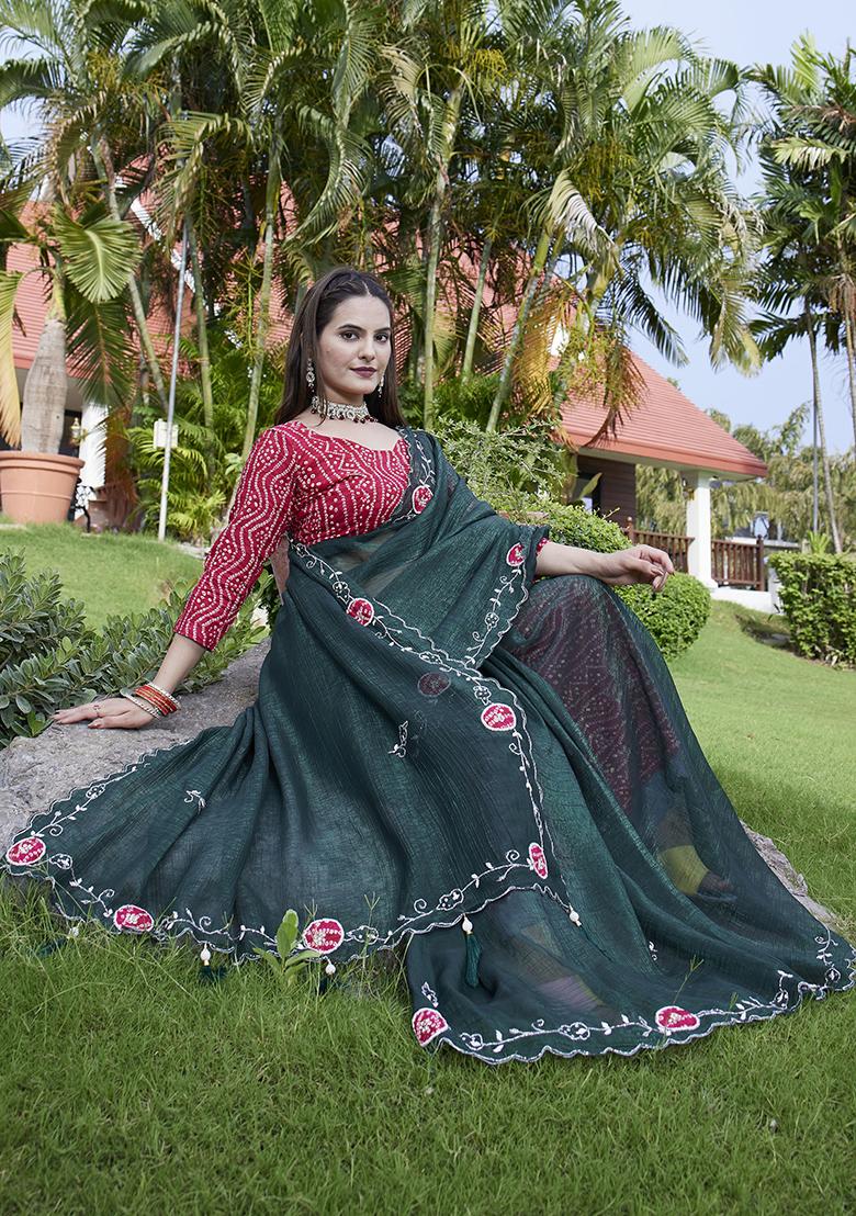 Green Embroidered Chiffon Saree Set - Indya