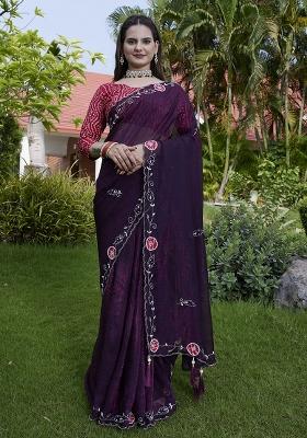 Purple Embroidered Chiffon Saree Set