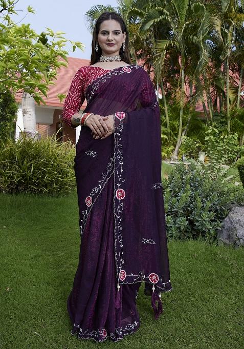 Purple Embroidered Chiffon Saree Set