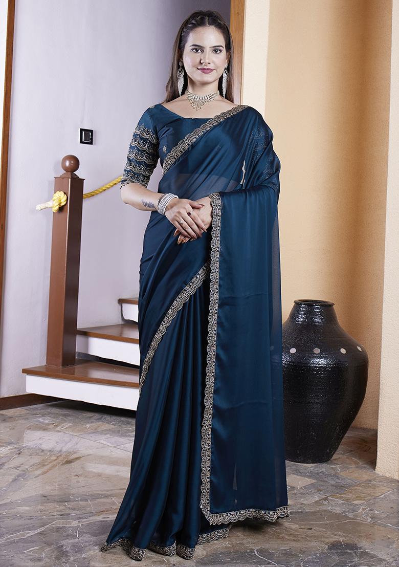 Teal Blue Embroidered Chiffon Saree Set