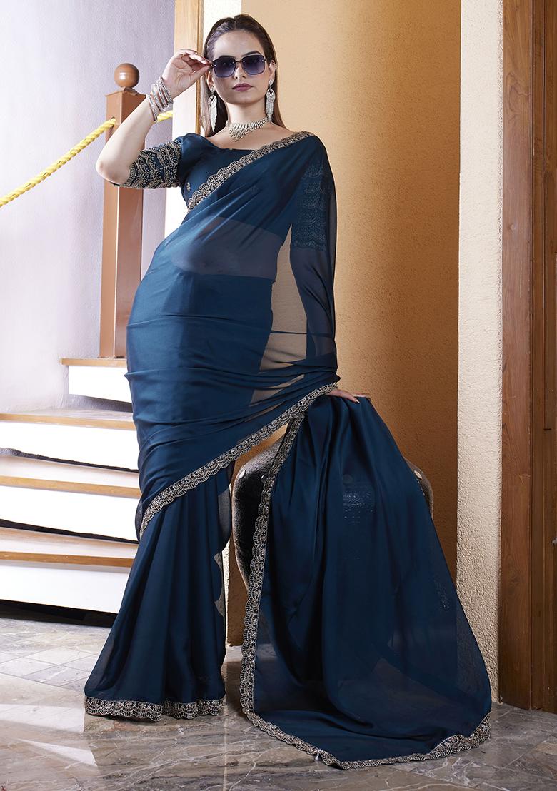 Teal Blue Embroidered Chiffon Saree Set