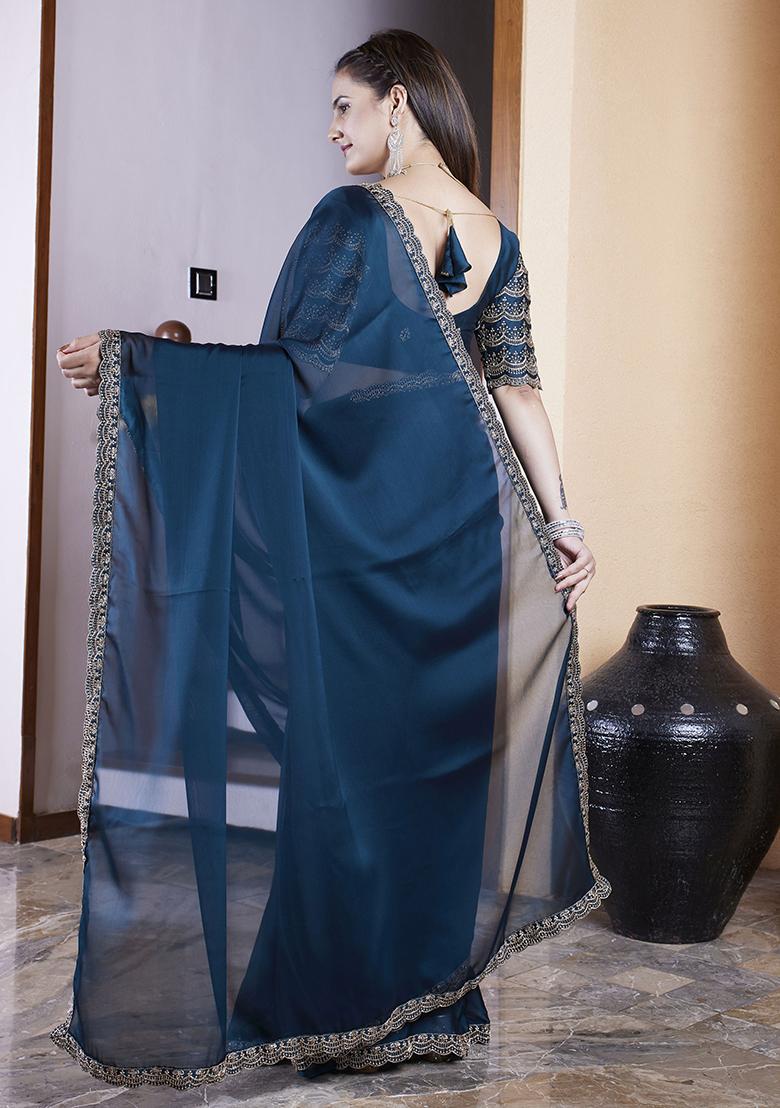 Teal Blue Embroidered Chiffon Saree Set