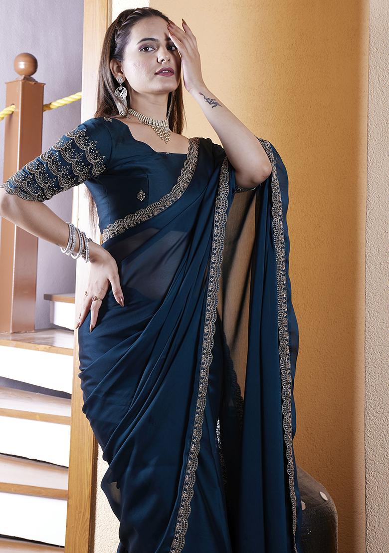 Teal Blue Embroidered Chiffon Saree Set