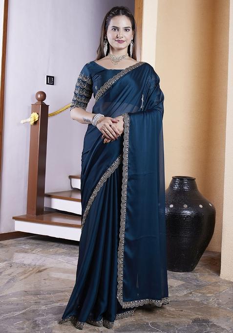 Teal Blue Embroidered Chiffon Saree Set