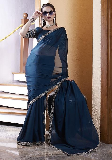 Teal Blue Embroidered Chiffon Saree Set