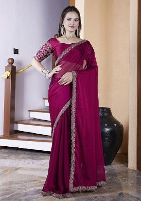 Maroon Embroidered Chiffon Saree Set