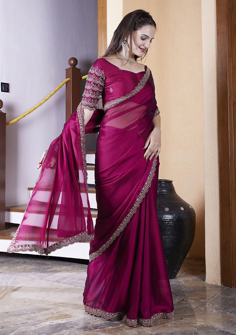 Maroon Embroidered Chiffon Saree Set