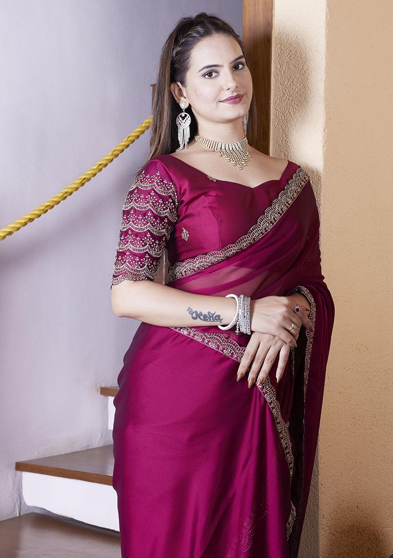 Maroon Embroidered Chiffon Saree Set