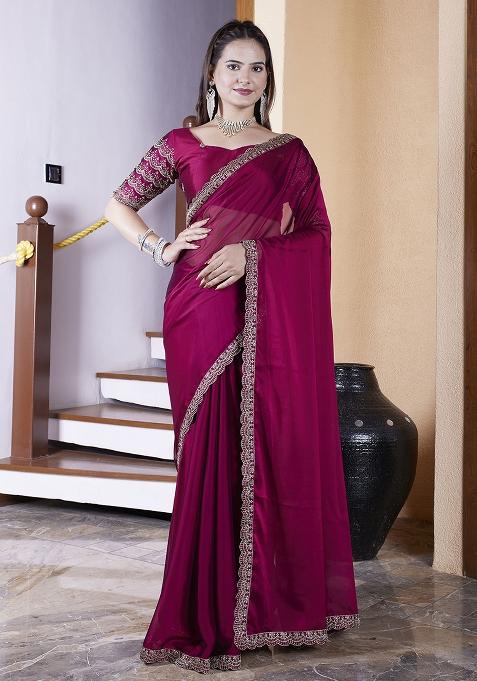 Maroon Embroidered Chiffon Saree Set
