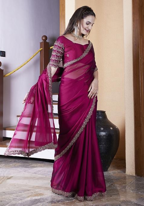 Maroon Embroidered Chiffon Saree Set