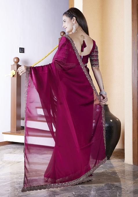 Maroon Embroidered Chiffon Saree Set