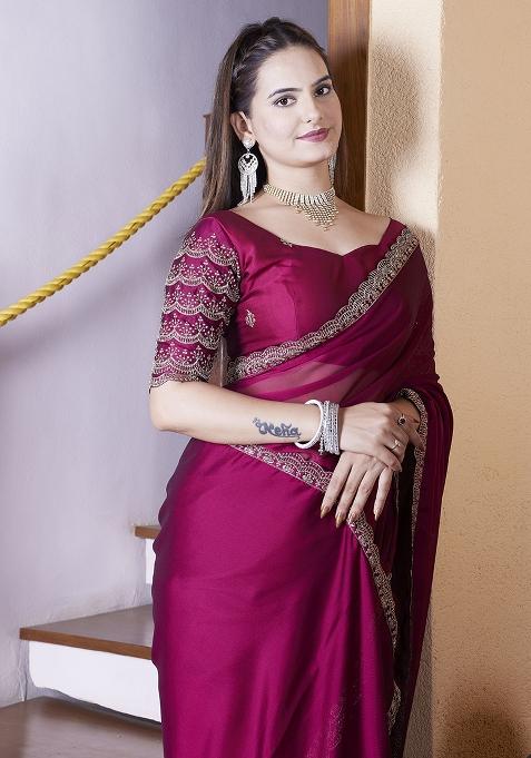 Maroon Embroidered Chiffon Saree Set