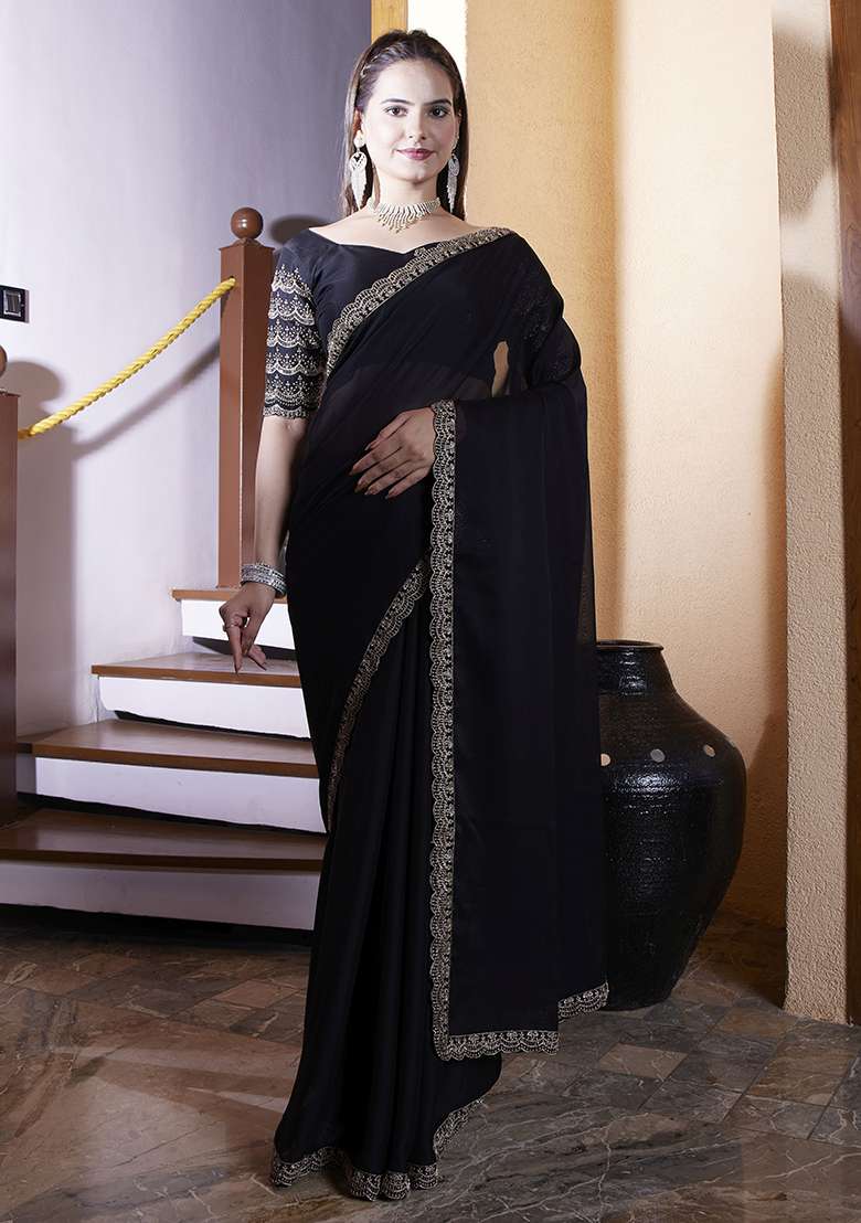 Black Embroidered Chiffon Saree Set - Indya