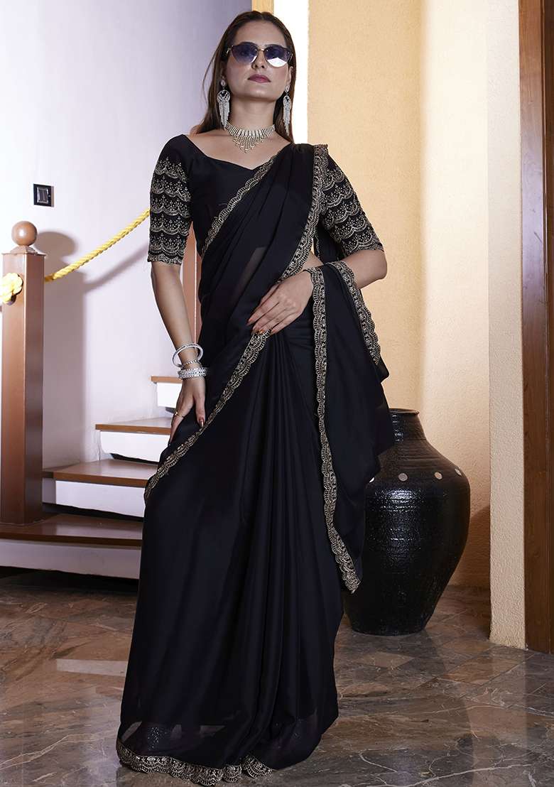 Black Embroidered Chiffon Saree Set - Indya