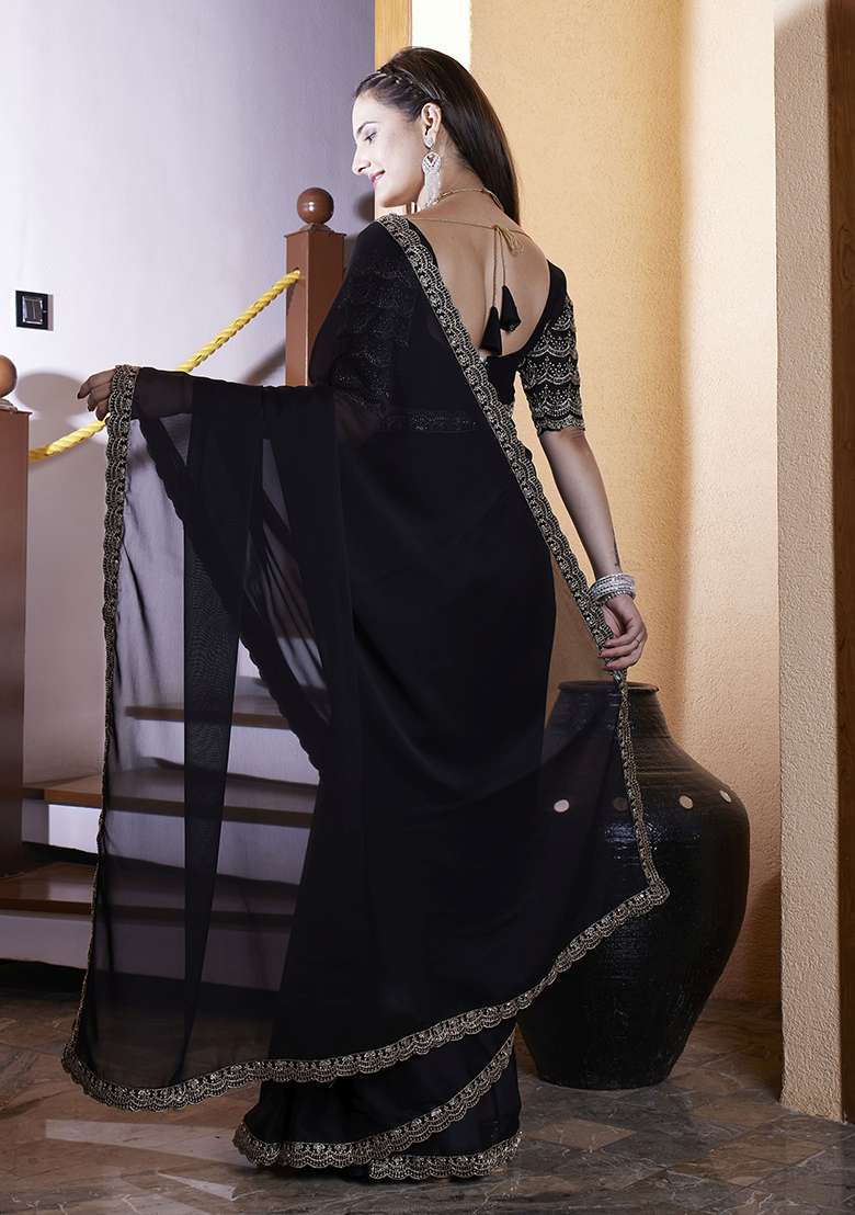 Black Embroidered Chiffon Saree Set - Indya