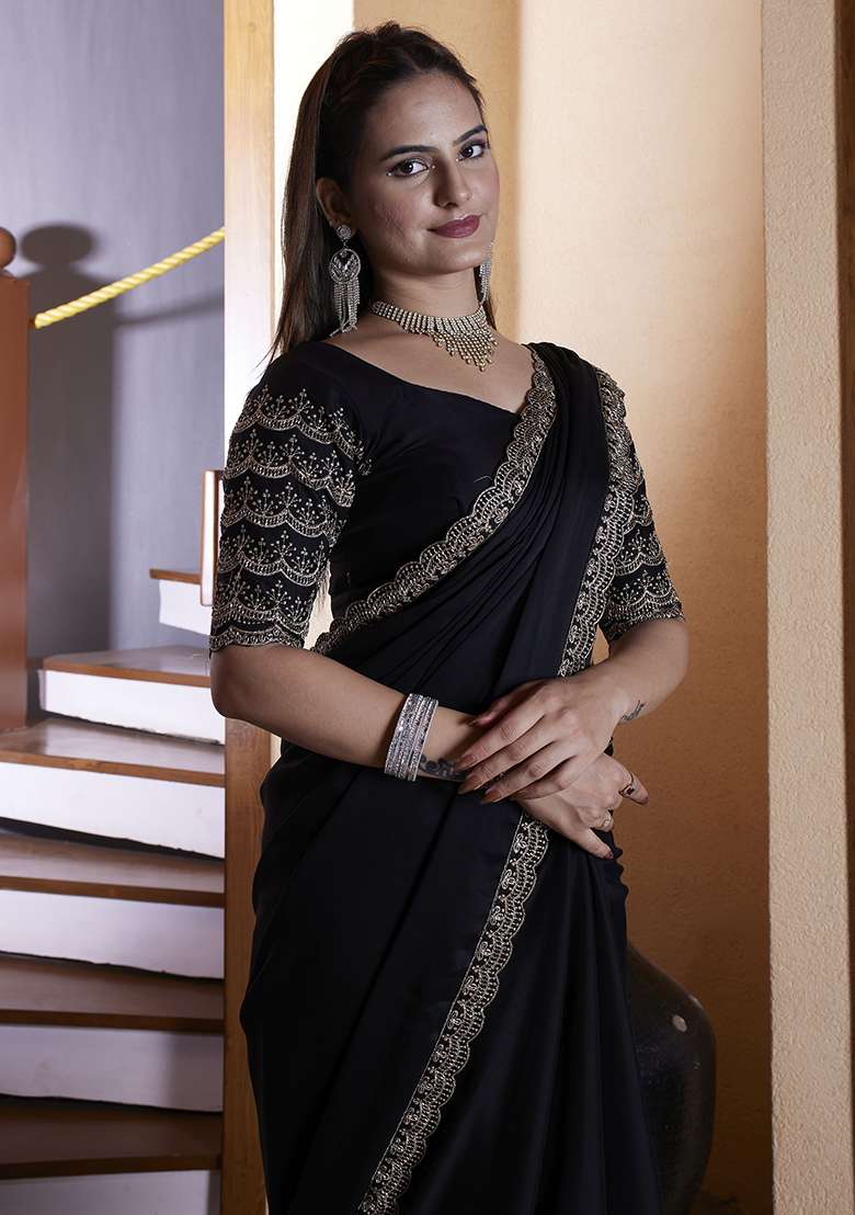 Black Embroidered Chiffon Saree Set - Indya