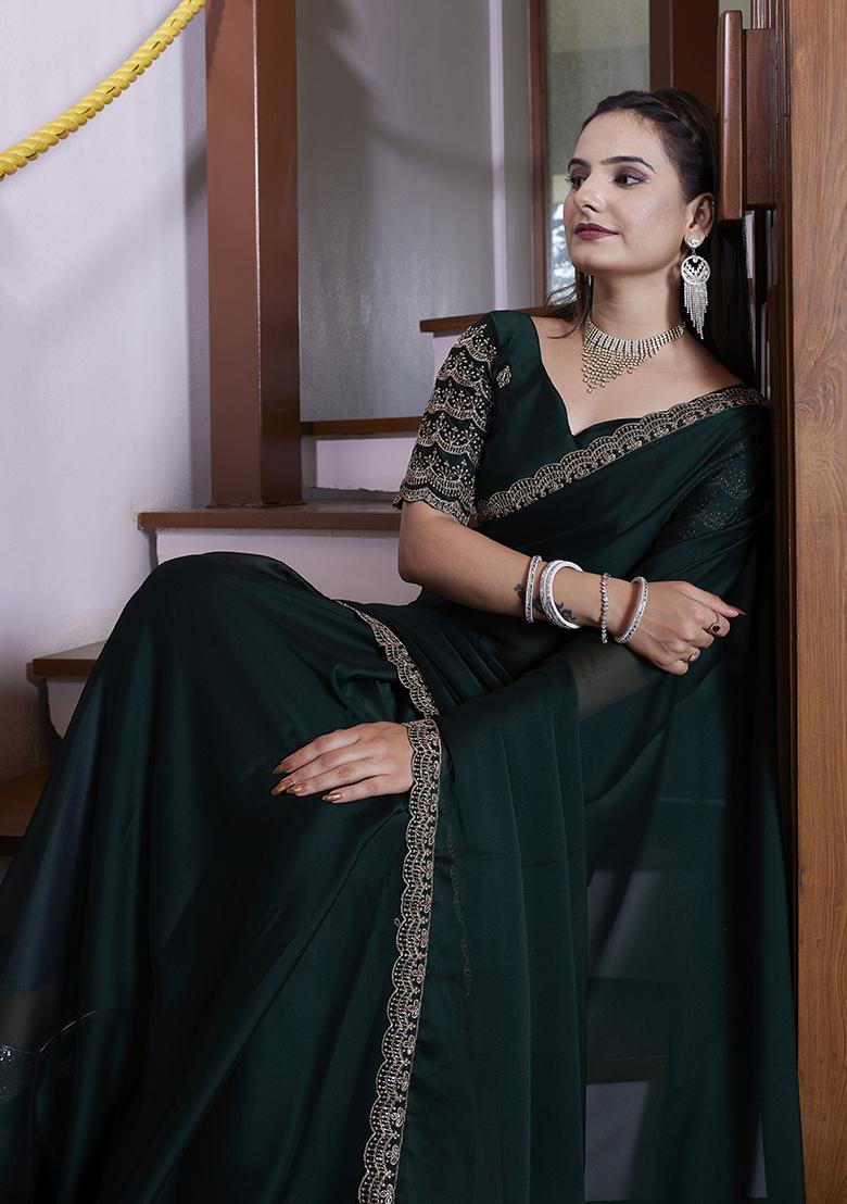 Green Embroidered Chiffon Saree Set - Indya