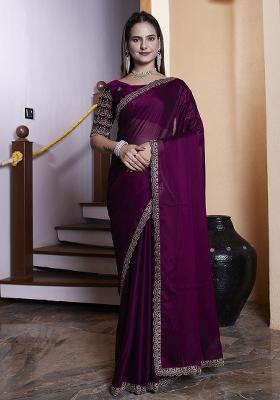 Magenta Embroidered Chiffon Saree Set