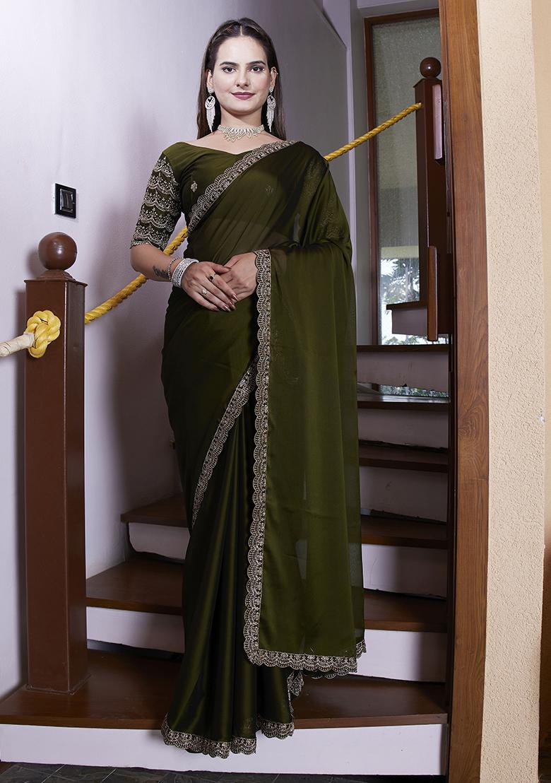 Green Embroidered Chiffon Saree Set