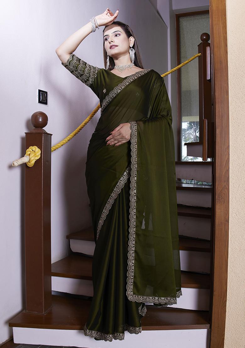 Green Embroidered Chiffon Saree Set