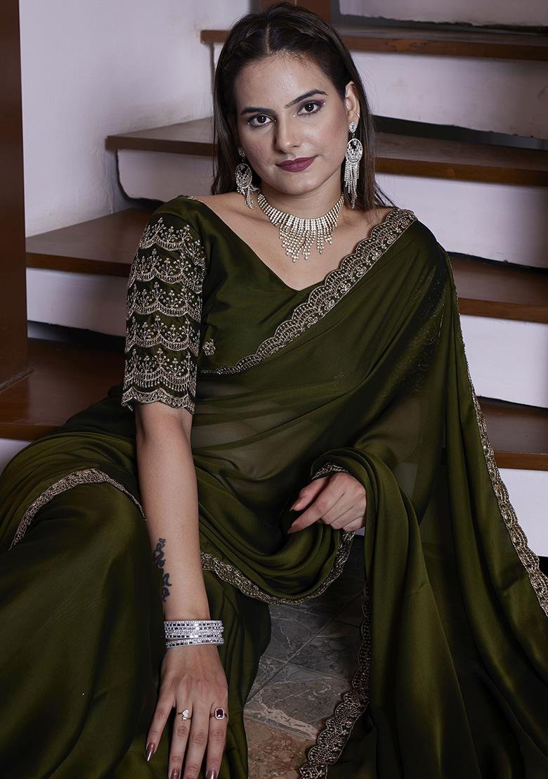 Green Embroidered Chiffon Saree Set