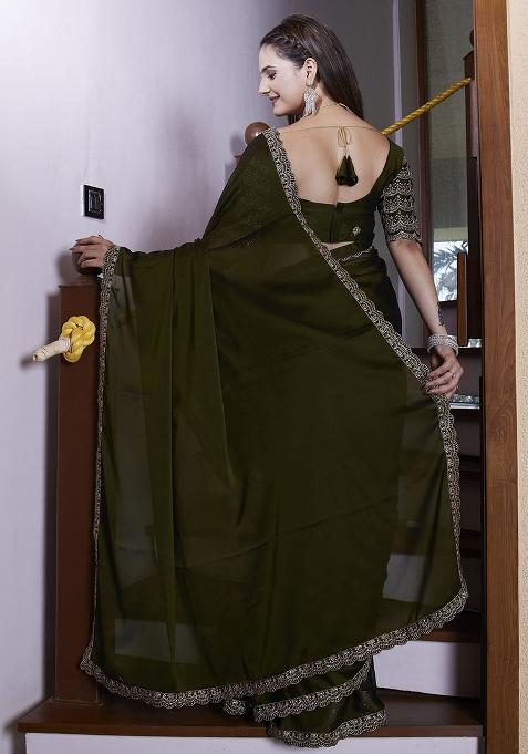 Green Embroidered Chiffon Saree Set