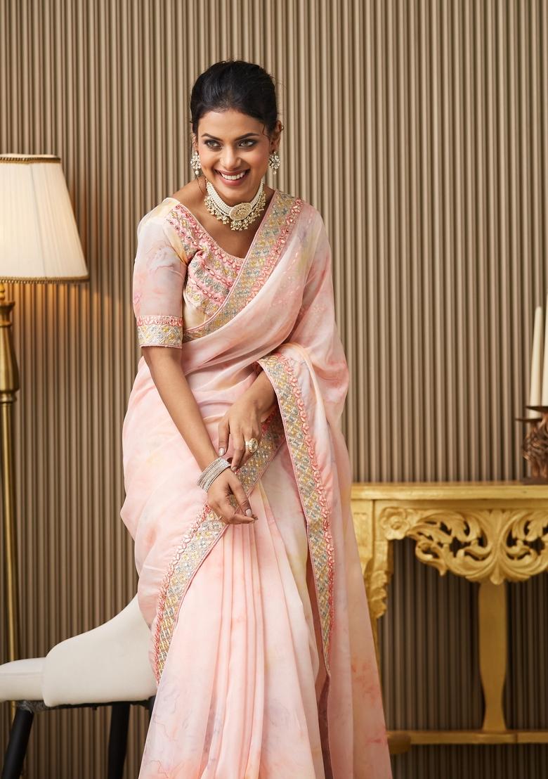 Pink Embroidered Organza Saree Set