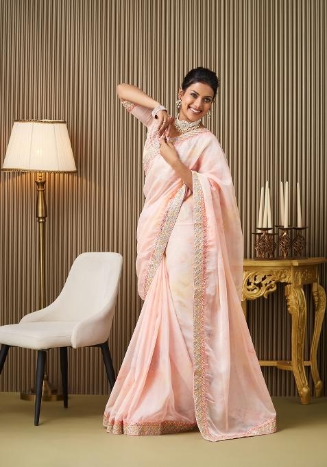 Pink Embroidered Organza Saree Set