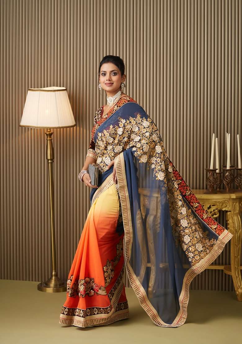 Multi Embroidered Georgette Saree Set - Indya