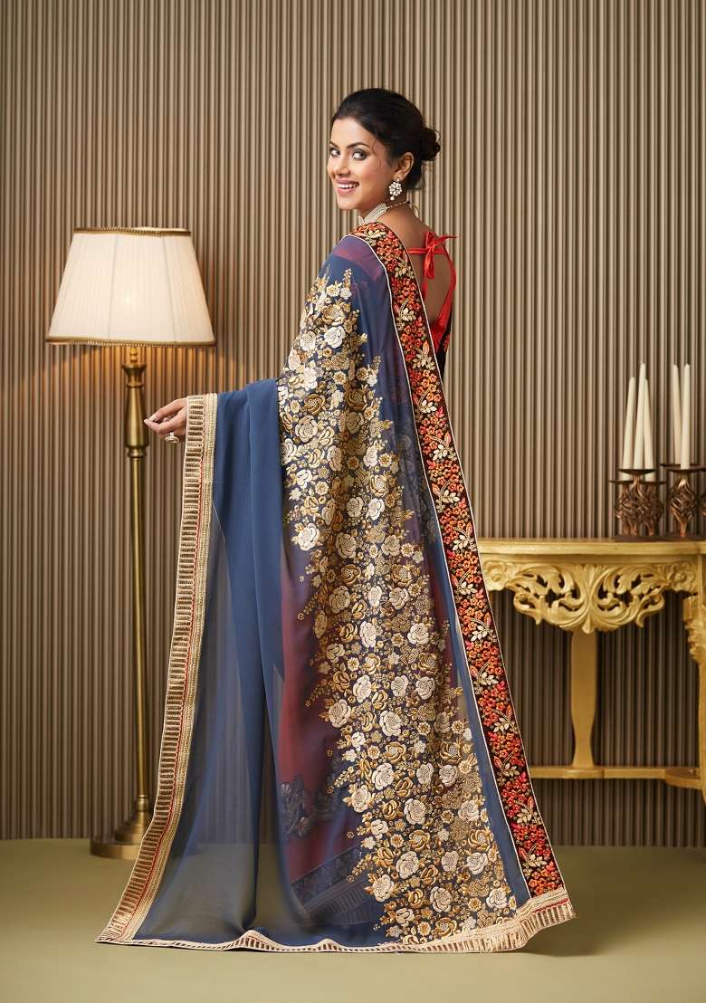 Multi Embroidered Georgette Saree Set - Indya