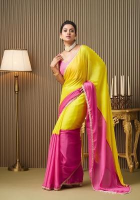 Pink Colourblocked Chiffon Saree Set
