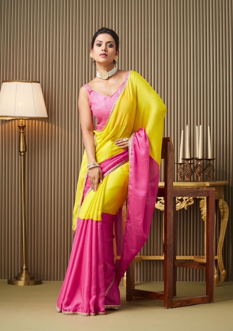 Pink Colourblocked Chiffon Saree Set