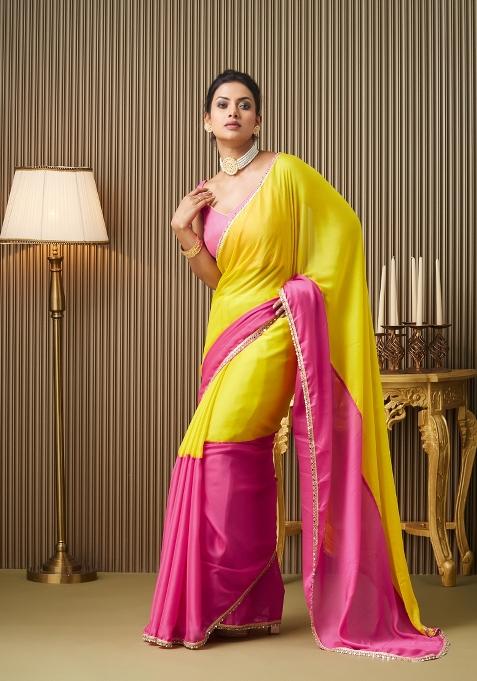 Pink Colourblocked Chiffon Saree Set