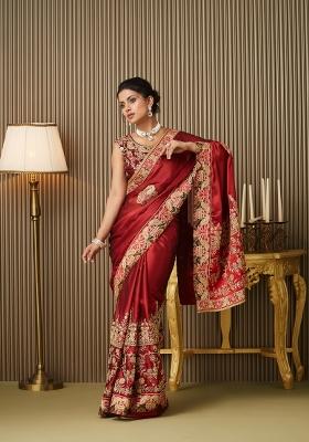 Red Embroidered Satin Saree Set