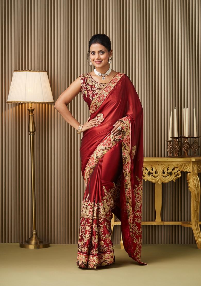 Red Embroidered Satin Saree Set